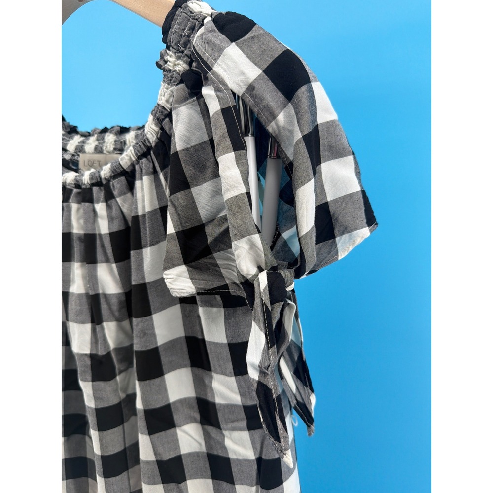 Loft Black White Buffalo Plaid Off Shoulder Tie Sleeve Top Blouse Medium - Picture 2 of 5